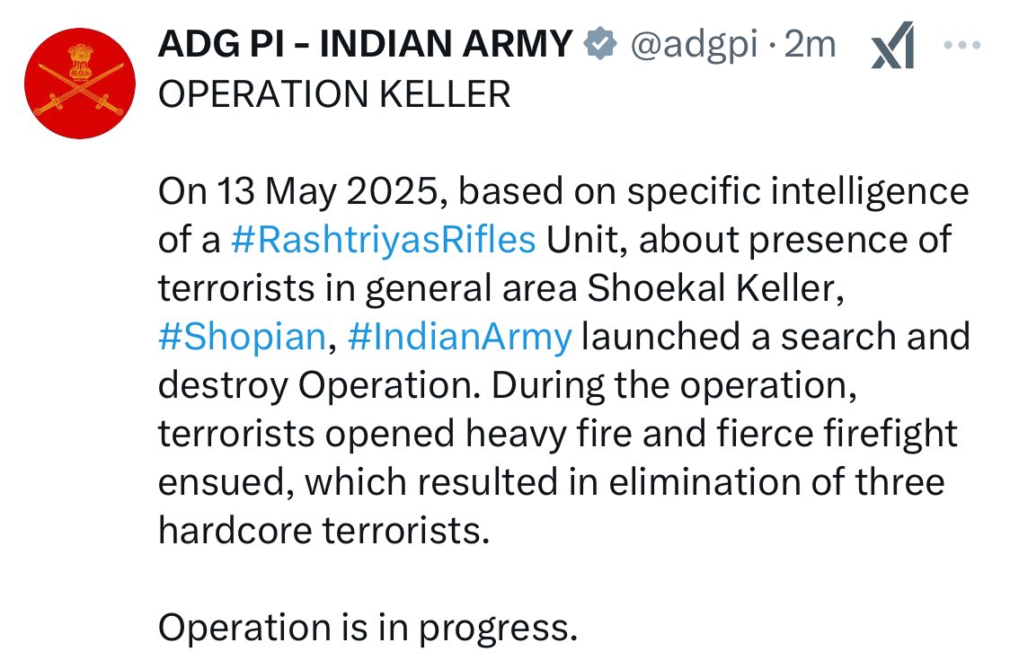 IndUS Tech Council on X: "#BigBreakingNews 🚨LIVE🚨 𝐎𝐩𝐞𝐫𝐚𝐭𝐢𝐨𝐧 𝐊𝐞𝐥𝐥𝐞𝐫 Indian army launched #operationkeller to search and destroy #Terrorist in Shopian (JK) 𝐓𝐡𝐫𝐞𝐞 𝐝𝐚𝐧𝐠𝐞𝐫𝐨𝐮𝐬 𝐭𝐞𝐫𝐫𝐨𝐫𝐢𝐬𝐭 𝐞𝐥𝐢𝐦𝐢𝐧𝐚𝐭𝐞𝐝 ...
