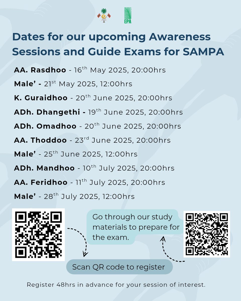 pcamaldives's tweet photo. Dates for upcoming captain and crew awareness sessions and SAMPA Guide exams from May to July.

Make sure to register 48 hrs in advance to a session of your interest. https://t.co/ChmWCz47Dy