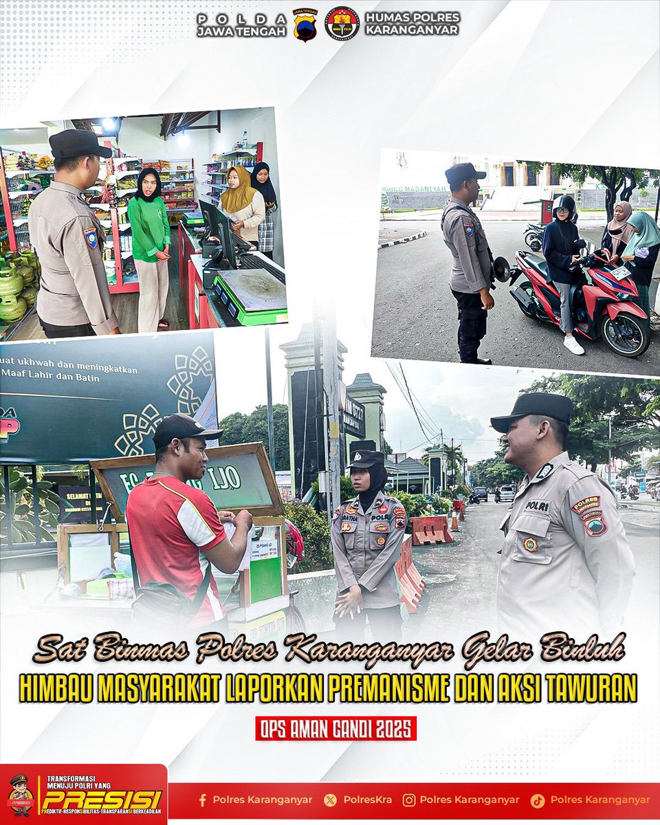 Satuan Pembinaan Masyarakat (Satbinmas) Polres Karanganyar melaksanakan kegiatan sambang sekaligus pembinaan dan penyuluhan (Binluh) kepada masyarakat di seputaran Alun-alun Kabupaten Karanganyar, Selasa (13/5/2025).