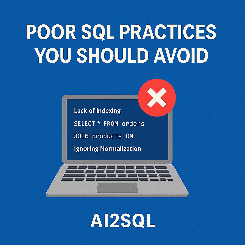 heyAI2sql's tweet image. Bad SQL habits to drop ASAP:
❌ SELECT *
❌ No indexes
❌ Sloppy joins
❌ Ignoring normalization
They slow down your app and frustrate your team.
At AI2SQL, we help you spot and fix these issues—fast.
Write cleaner. Run faster. 💡
#SQL #AI2SQL #DevTips #DataEngineering