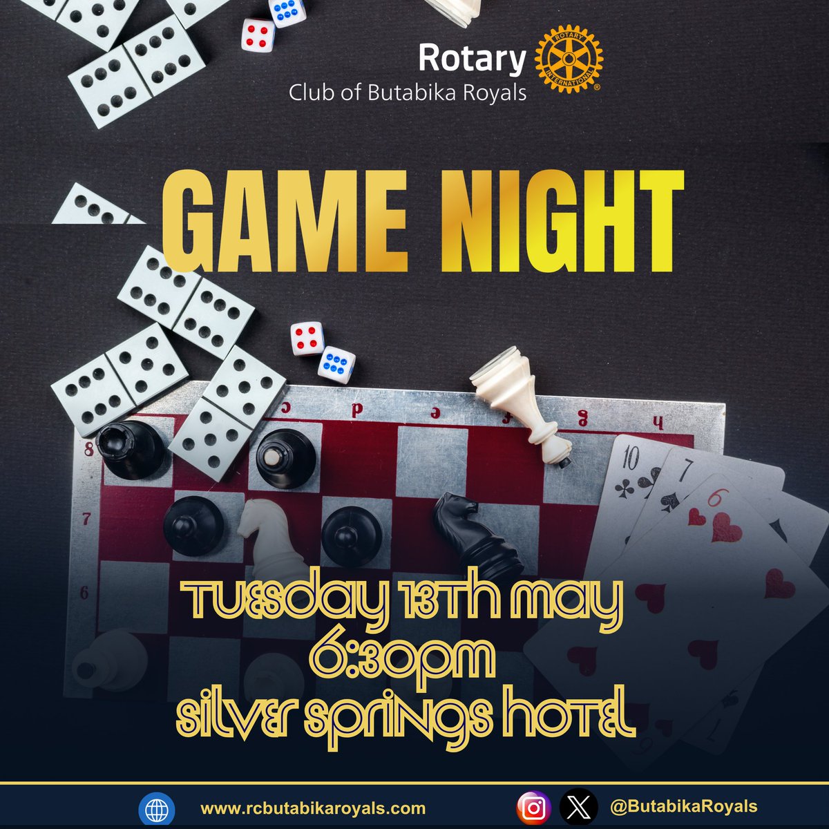 Greetings Rotarians,

Please join in today as we have a mega game night, come relax your mind as we have tons of fun.

At silver Springs Hotel Bugolobi (poolside)
6:30pm
Today 14th May 2025