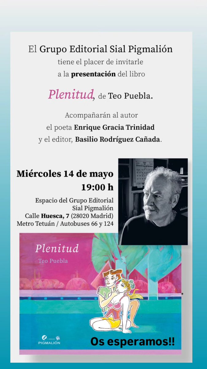 Mañana presentamos el libro Plenitud, de Teo Puebla en nuestra nueva sede en la calle Huesca, 7, 28020 Madrid. Os esperamos!!