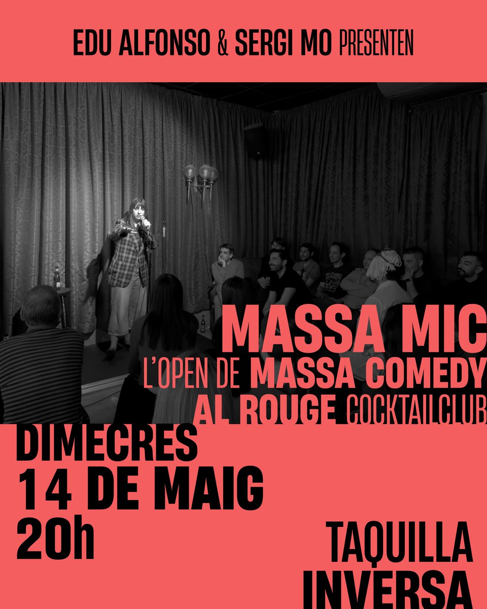 MassaComedy's tweet photo. AQUEST DIMECRES hi ha Massa Mic! Una nova ració de comèdia crua al Rouge del Paral·lel.

Amb la lliga sentenciada, les entrades de Bad Bunny esgotades i el Papa escollit, res pot distreure't de veure standup un dimecres al vespre... T'hi esperem!

Entrada lliure! https://t.co/aGd12aVge2