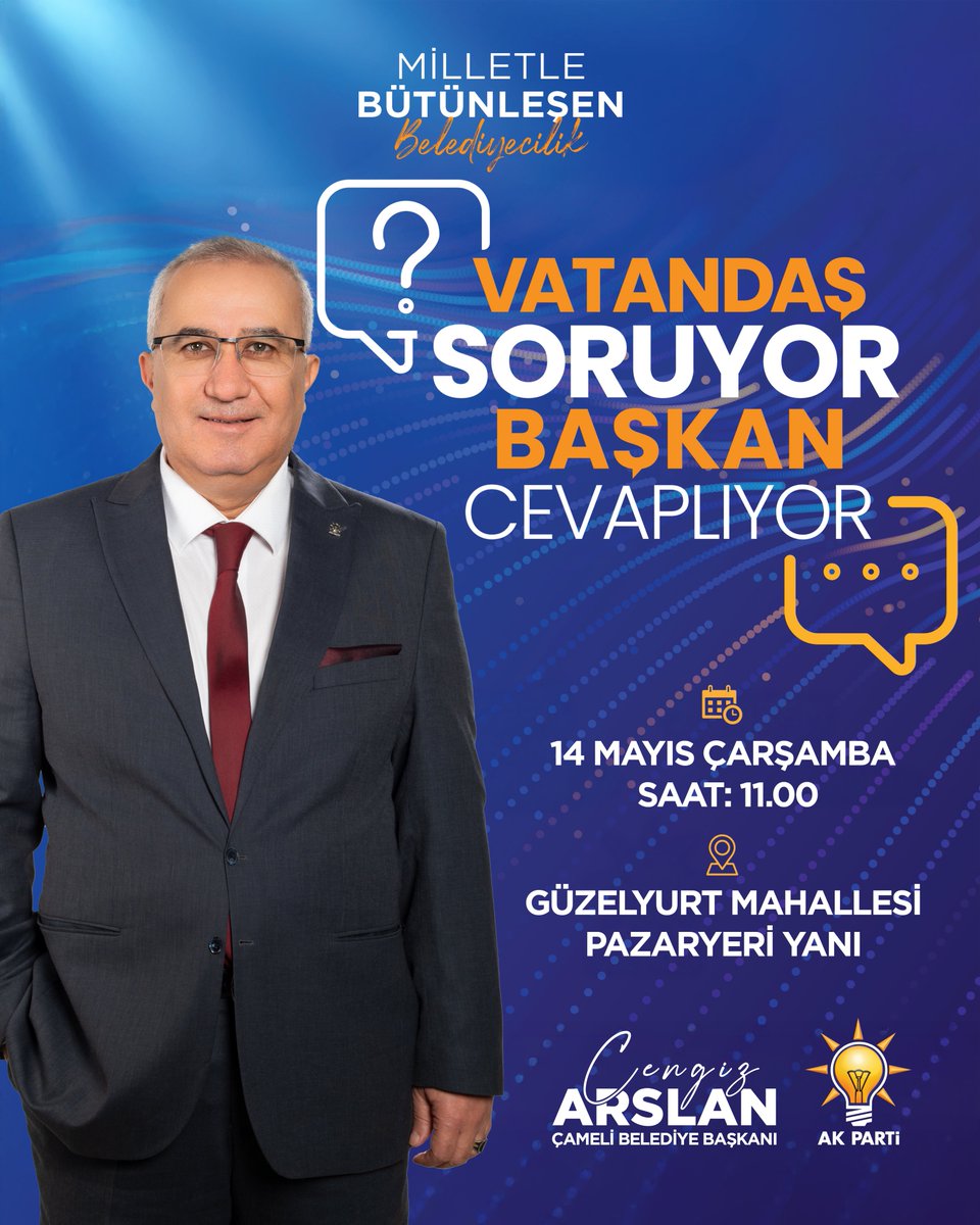 📅 14 Mayıs Çarşamba
🕚 Saat: 11.00
📍 Yer: Güzelyurt Mahallesi Pazaryeri Yanı

Katılımınız bizler için çok kıymetli! 
#VatandaşSoruyorBaşkanCevaplıyor