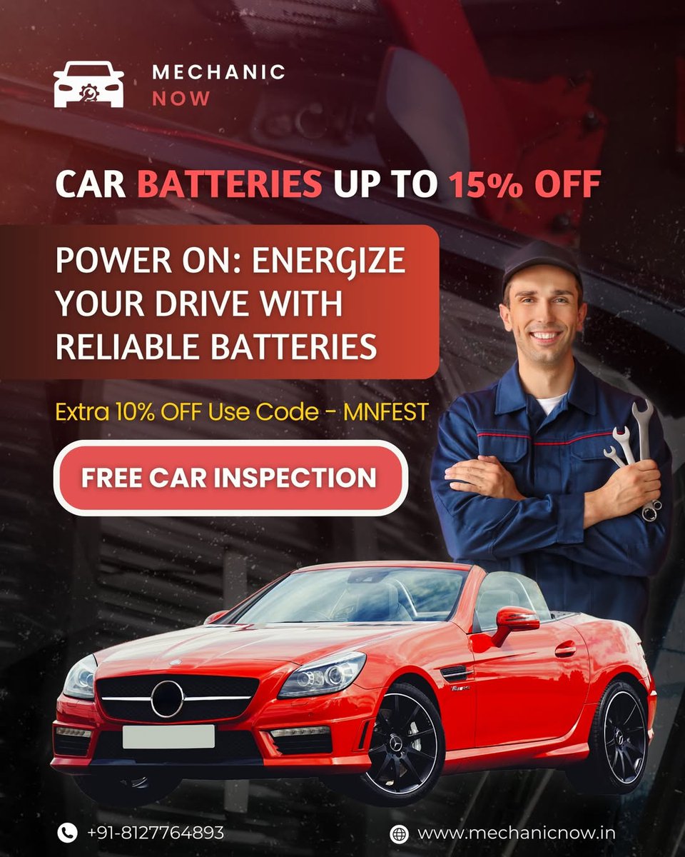mechanic_now's tweet photo. Ready to power up your drive?
Save up to 15% on car batteries and enjoy an extra 10% OFF with code MNFEST. Book your free inspection today!
#carbatteydeals #carcare #batterysavings #mechanicnow #freeinspection https://t.co/O4eXdHwano
