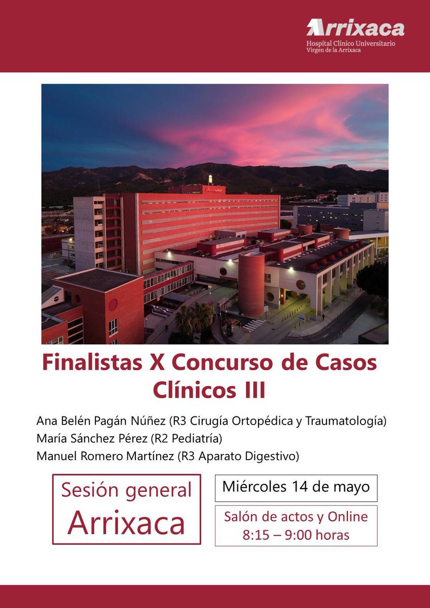 Área 1 Arrixaca (@areaunoarrixaca) on Twitter photo 📚Penúltima sesión dedicada al X Concurso de Casos Clínicos para residentes. Otras tres especialidades se juegan el premio.<a href="/docencia_hcuva/">Docencia Arrixaca</a>
👀Síguela también en YouTube youtube.com/@Docencia_Arri… 📚Penúltima sesión dedicada al X Concurso de Casos Clínicos para residentes. Otras tres especialidades se juegan el premio.<a href="/docencia_hcuva/">Docencia Arrixaca</a>
👀Síguela también en YouTube youtube.com/@Docencia_Arri…