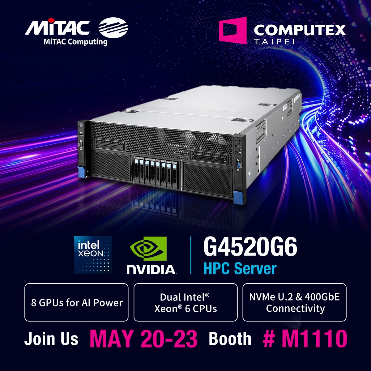 MiTACcomputing's tweet photo. Supercharge your HPC workloads with the MiTAC G4520G6.
Dual Intel® Xeon® 6 CPUs, up to 8 GPUs & 8TB DDR5 for extreme compute-intensive tasks.
See it live at #Computex2025!
📍 Booth #M1110
🔗 https://t.co/okCdNbdsWi
#HPC #GPUserver #Intel #Datacenter https://t.co/ANxdsNAfFQ