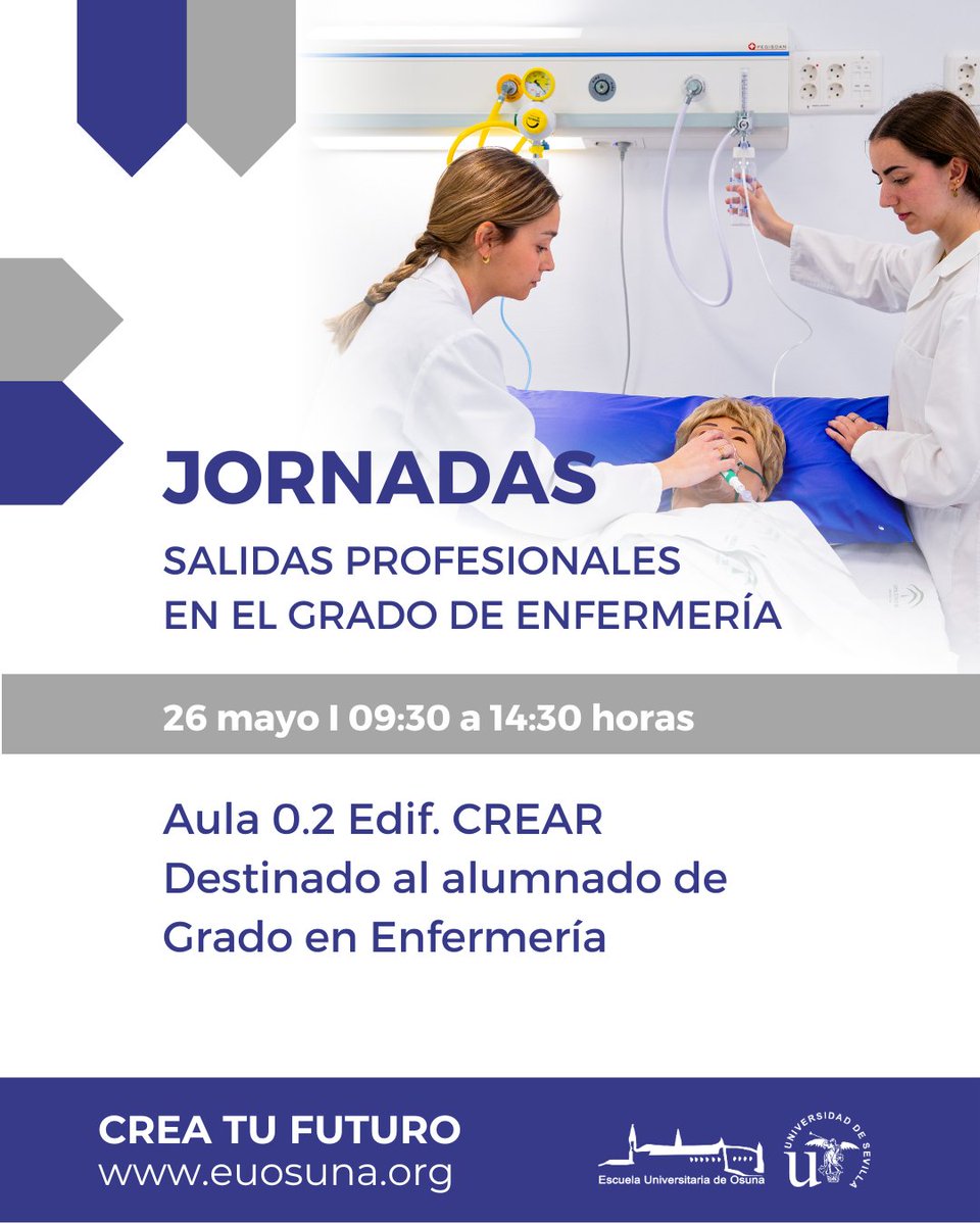🎓 El 26/05 te esperamos en las Jornadas de Salidas Profesionales del Grado en Enfermería (EUO).

🕤 Bolsa SAS, Colegio Oficial de Enfermería, másteres y carrera investigadora.

📍 Edif. CREAR, Aula 0.2

👉 ¡Prepárate para tu futuro! 

#EnfermeríaEUO #SalidasProfesionales