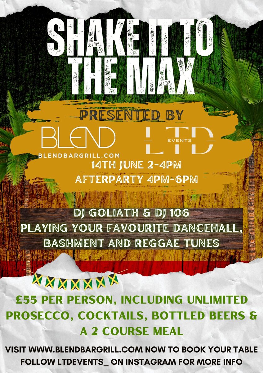GoliathLTD's tweet image. #Brunch | If you can get down to Bexleyheath, Kent, I’m doing a Bottomless Bashment Brunch on June 14th at Blend Bar. Altered menu for the event. Currygoat and jerk chicken available.