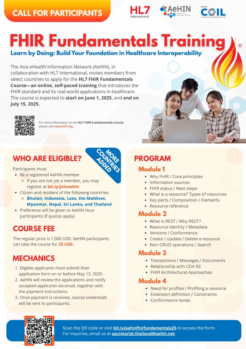 Asia eHealth Information Network (@weareaehin) on Twitter photo ๐ ๐๐๐๐ ๐๐๐๐๐๐๐๐๐ ๐๐๐๐๐ ๐
We now accept applications from Bhutan, Indonesia, Laos, the Maldives, Myanmar, Nepal, Sri Lanka, and Thailand!
๐๐ฝ๐ฝ๐น๐ ๐ณ๐ผ๐ฟ ๐๐ต๐ฒ ๐ฐ๐ผ๐๐ฟ๐๐ฒ ๐ผ๐ป ๐ผ๐ฟ ๐ฏ๐ฒ๐ณ๐ผ๐ฟ๐ฒ ๐ง๐ต๐๐ฟ๐๐ฑ๐ฎ๐, ๐ ๐ฎ๐ ๐ญ๐ฑ, ๐ฎ๐ฌ๐ฎ๐ฑ, at ๐ ๐๐๐๐ ๐๐๐๐๐๐๐๐๐ ๐๐๐๐๐ ๐
We now accept applications from Bhutan, Indonesia, Laos, the Maldives, Myanmar, Nepal, Sri Lanka, and Thailand!
๐๐ฝ๐ฝ๐น๐ ๐ณ๐ผ๐ฟ ๐๐ต๐ฒ ๐ฐ๐ผ๐๐ฟ๐๐ฒ ๐ผ๐ป ๐ผ๐ฟ ๐ฏ๐ฒ๐ณ๐ผ๐ฟ๐ฒ ๐ง๐ต๐๐ฟ๐๐ฑ๐ฎ๐, ๐ ๐ฎ๐ ๐ญ๐ฑ, ๐ฎ๐ฌ๐ฎ๐ฑ, at