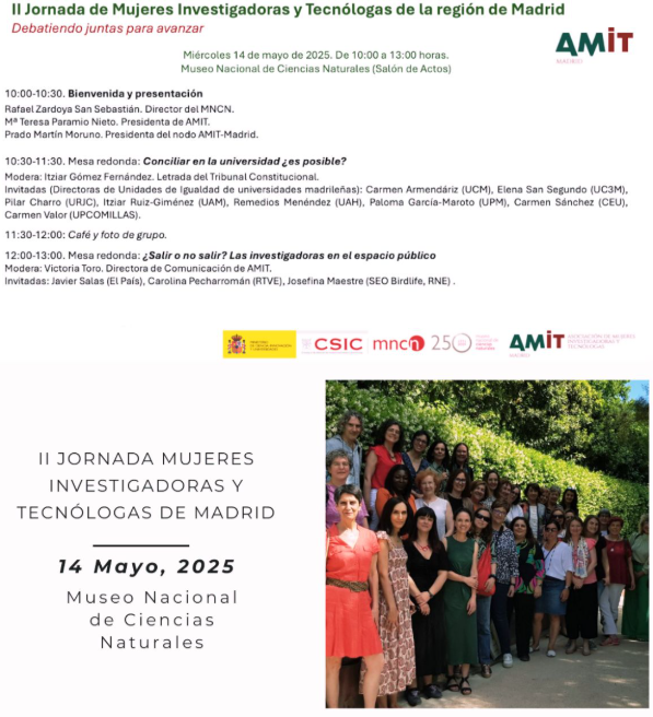 🔊Socias de #AMIT
Mañana, 14 de mayo tendrá lugar la II Jornada de Mujeres Investigadoras y Tecnólogas de la región de Madrid: Debatiendo juntas para avanzar, en el Museo Nacional de Ciencias Naturales de 10:00 a 13:00h
🔗Inscripción: lnkd.in/dMnpAERT
¡Te esperamos!