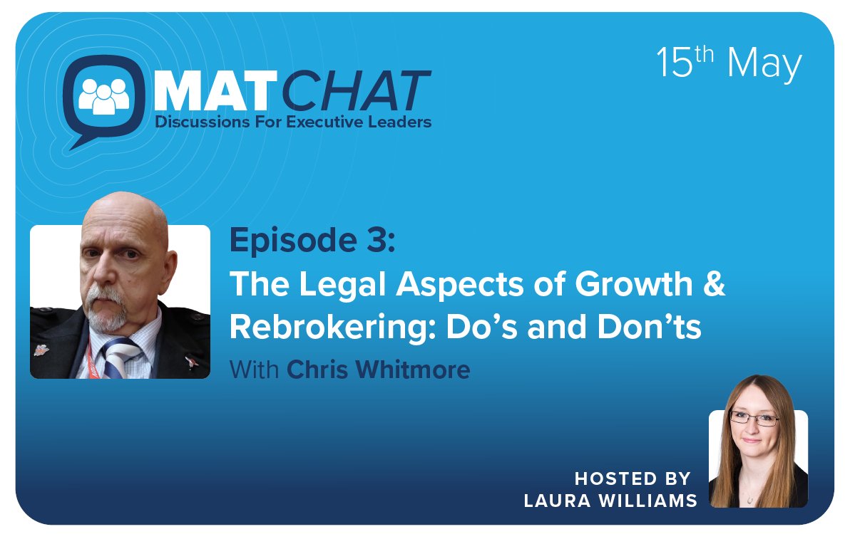 Join us for episode 3 of MATChat, where <a href="/lauraljbusiness/">Laura Williams</a> is joined by <a href="/TSP_Chris/">Chris Whitmore MA ILM L7 MCCT Fellow (AfC) FIoL</a>, CEO of <a href="/Schools_People/">The Schools People</a>, as he explores the do’s and don’ts of ‘The Legal Aspects of Growth and Rebrokering’.

📅 15th May
🔗 Register: bit.ly/3F3Qv0i

#MAT #Trusts