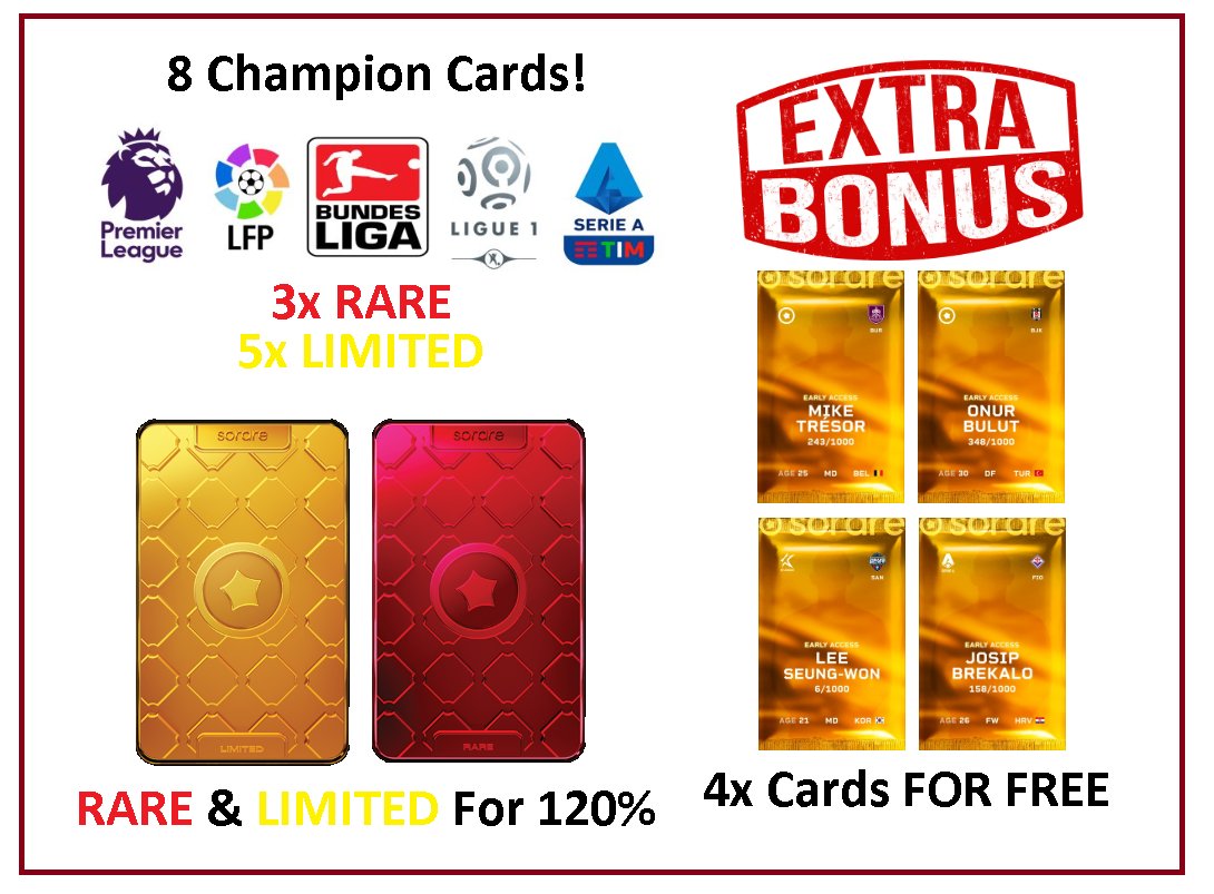 PawelTrader โจ๐ช๐๏ธ (@paweltrader_) on Twitter photo Daily <a href="/Sorare/">Sorare</a> Challenge Starts Now 13.05.2025 ๐
1โฃ 3 Rare and 5 Limited Champion Cards for 8 random people who make at least one transaction with me!
2โฃ Swap all my Rare/Limited Cards for 120% of Your cards value. ๐ฏ
3โฃ๐4x Limited cards for 4 random people - just write Your Daily <a href="/Sorare/">Sorare</a> Challenge Starts Now 13.05.2025 ๐
1โฃ 3 Rare and 5 Limited Champion Cards for 8 random people who make at least one transaction with me!
2โฃ Swap all my Rare/Limited Cards for 120% of Your cards value. ๐ฏ
3โฃ๐4x Limited cards for 4 random people - just write Your