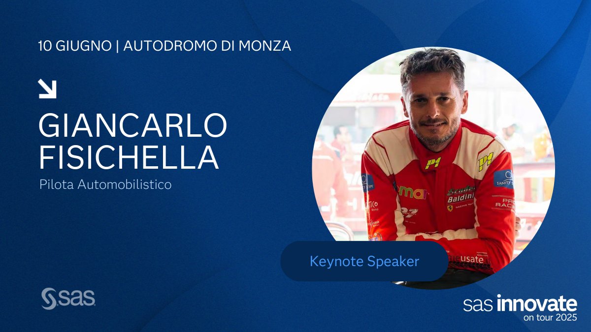 #SASInnovateOnTour arriva all'Autodromo di Monza il 10 giugno con un ospite d'eccezione: Giancarlo Fisichella, campione di velocità, che condividerà con noi la sua visione su come talento, strategia e tecnologia siano la chiave per superare ogni limite. 2.sas.com/6016NRaXM