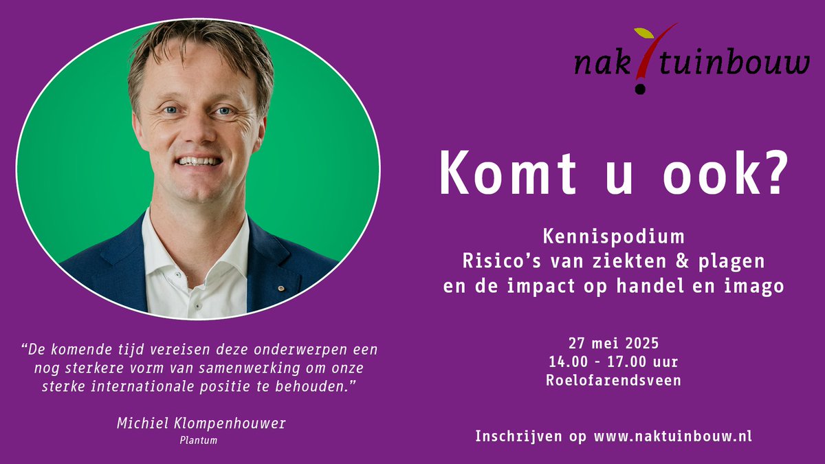 Michiel Klompenhouwer (Plantum) is een van de sprekers op ons kennispodium op 27 mei. Het onderwerp ‘Risico's van ziekten &amp; plagen en de impact op handel en imago' staat centraal. Komt u ook? Schrijf u dan in op obi41.nl/2jsfrfnv