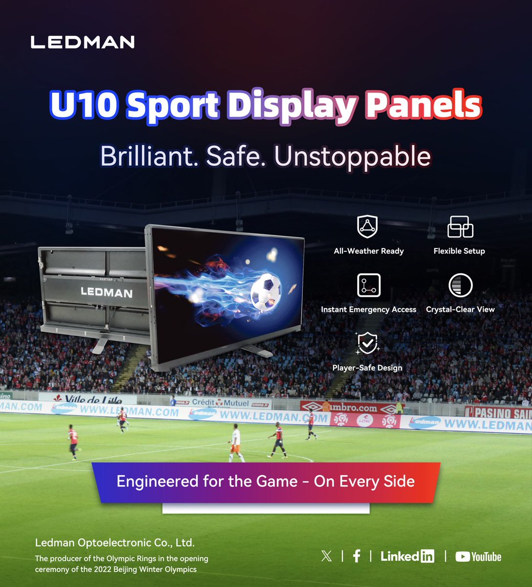 DisplayLedman's tweet image. As a leading manufacturer of high-impact LED perimeter advertising systems, we specialize in bringing the energy of football matches to life! ⚽

👉 DM us or visit ledman.com for a tailored solution!

#StadiumTech #SportsInnovation #LEDAdvertising #FootballBusiness