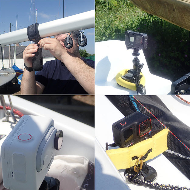 Placing cameras in boats relies more on where you can put the camera rather than the shot you might like. Using suction fittings and physically tying the camera to the boat in case of a capsize is essential. We use the 360 camera on the boom and others fore and aft.