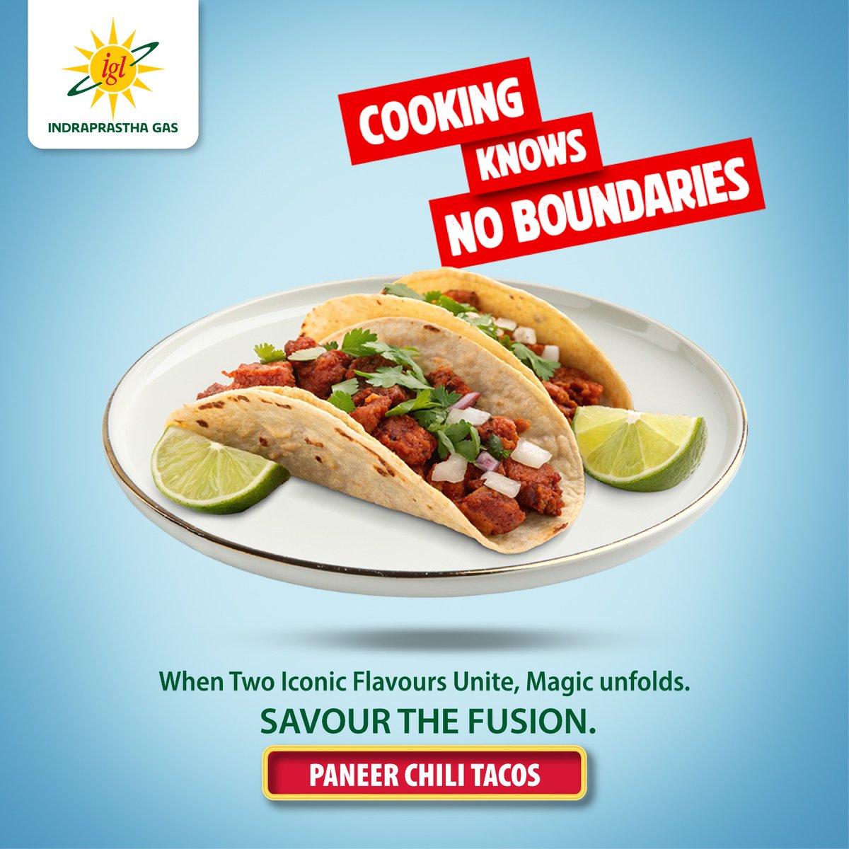 IGLConnect's tweet photo. Taste the global twist with a desi kick.
Visit us at: https://t.co/t8uuoFmWt7 or please contact: 1800-102-5109 or 1800-419-5109
#IGL #PNG #PaneerChilliTacos #FusionFlavours #FoodieTwist #DesiFusion #TastyMashup #StreetFoodLove #FlavourExplosion #CulinaryFusion #FoodInnovation #TwistOnAPlate #TasteTheFusion #IndiaOnAPlatter