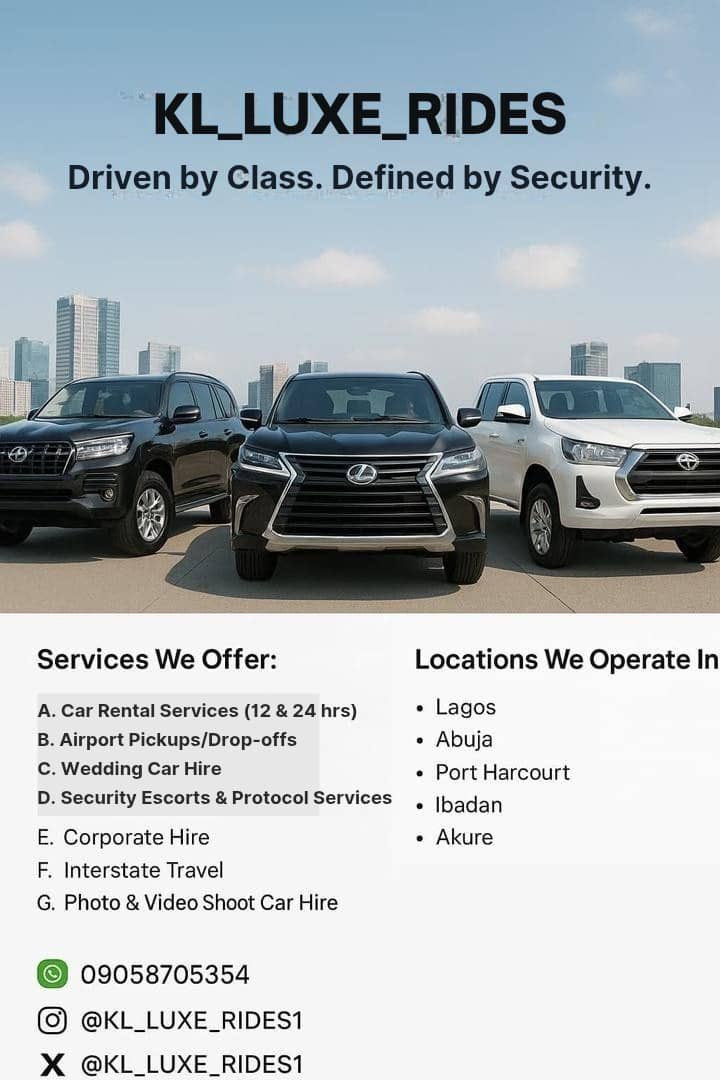 KL_LUXE_RIDES's tweet image. More than just a car rental ,we’re your luxury movement partner.
Why choose us?
Because we combine comfort,class, punctuality, and protection,all in one premium experience.
We don’t just get you there; we make sure you arrive right.
DM or call 📞 09058705354 for more enquiry.