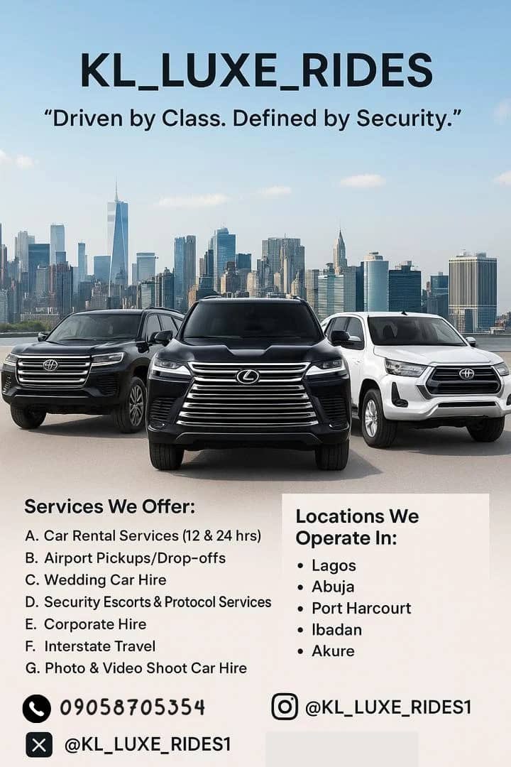 KL_LUXE_RIDES's tweet image. More than just a car rental ,we’re your luxury movement partner.
Why choose us?
Because we combine comfort,class, punctuality, and protection,all in one premium experience.
We don’t just get you there; we make sure you arrive right.
DM or call 📞 09058705354 for more enquiry.