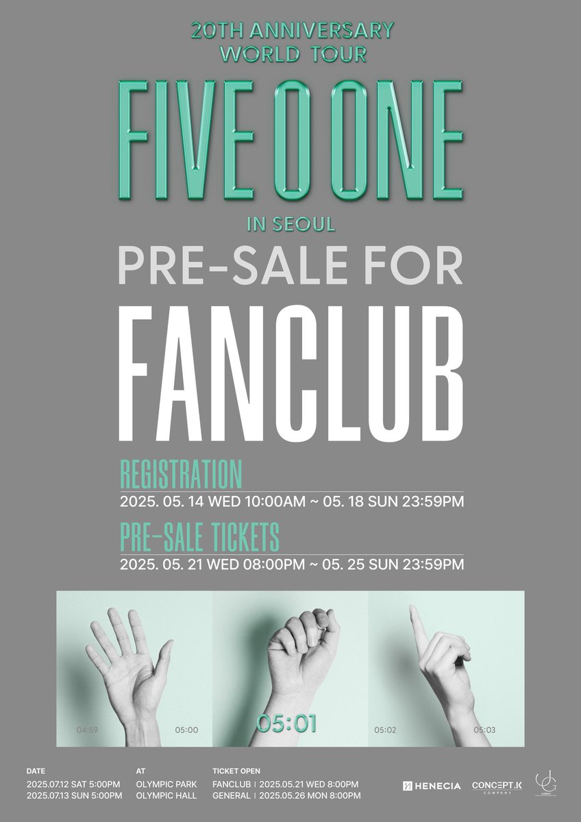 [NOTICE]
2025 FIVE O ONE : 20th Anniversary World Tour In Seoul 팬클럽 무료 모집 안내

📢 본 팬클럽은 콘서트 선예매용이며, 티켓은 별도 구매입니다.

#FIVE_O_ONE #FIVEOONE #파이브오원