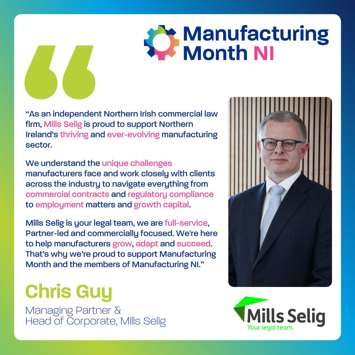 We’re thrilled to welcome <a href="/mills_selig/">Mills Selig</a> as a returning headline sponsor of #ManufacturingMonthNI. Mills Selig is a locally owned, independent, commercial law firm with a client base and connections across Ireland, UK and Europe. 
🔗 For more info visit - millsselig.com.