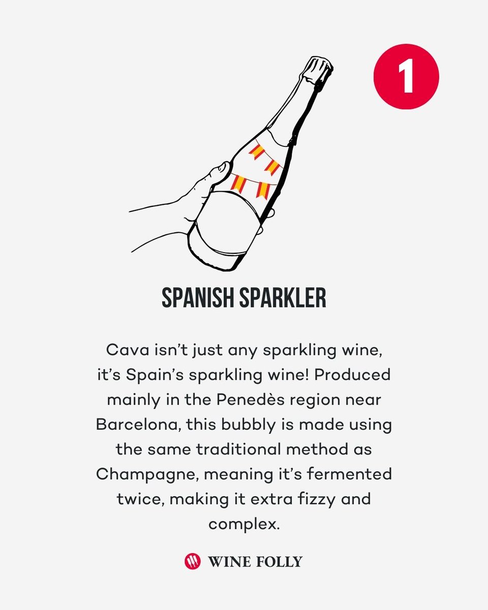 WineFolly's tweet image. Spain’s sparkling secret is made using a method very familiar to Champagne, but with a twist of its own. 🍾✨ 

🎯 Learn more at winefolly.com/wines/cava/

#Cava #SparklingWine #SpanishWine