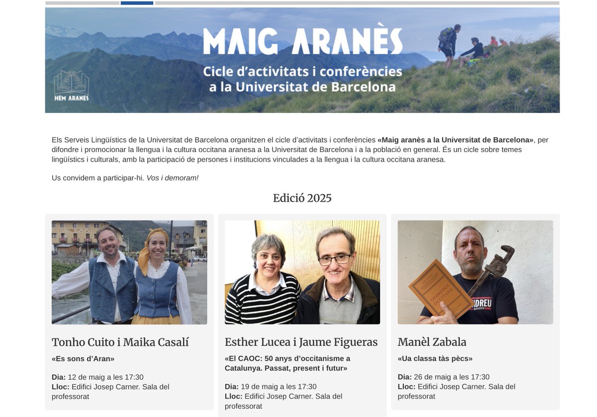 🌼 Mai aranés ena Universitat de Barcelona - 2025 🌼

💬«El CAOC: 50 ans d’occitanisme en Catalonha. Passat, present e futur». En carga d'Esther Lucea e Jaume Figueras.

📅 19 de mai - 17:30
🏫 Edifici Josep Carner. Sala del professorat

Vos i demoram! 🫶