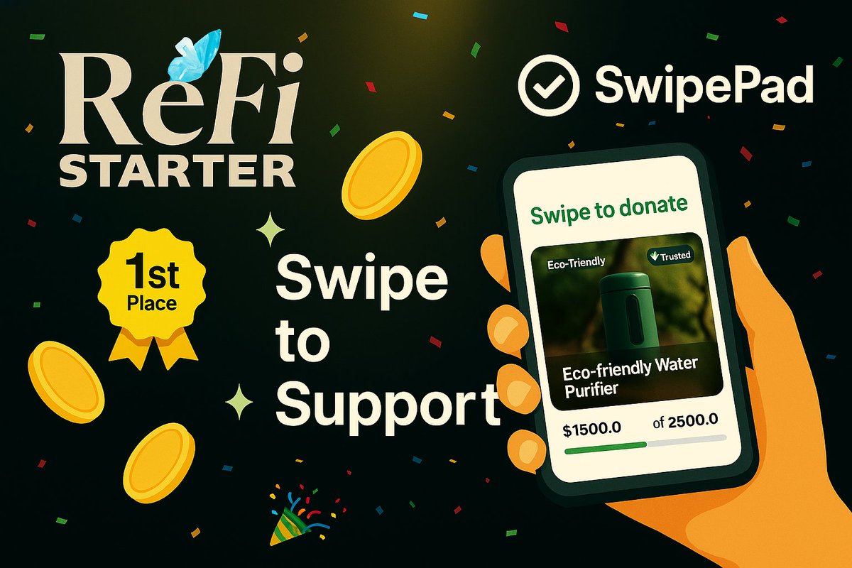 Regen Starter 🌱⚡ (@refistarter) on Twitter photo We won 1st place!🎉
#SwipePad by @ReFiStarter took the🥇spot in the <a href="/MentoLabs/">Mento Labs</a> Stablecoin Hackathon on <a href="/Celo/">Celo.eth/acc 🦇 🌳</a> (Open Track), running on <a href="/minipay/">MiniPay</a>
Kudos to team @ottox & <a href="/ozkite/">ozk</a> for making global donations as easy as swiping & building the future of on-chain funding.
We’re getting We won 1st place!🎉
#SwipePad by @ReFiStarter took the🥇spot in the <a href="/MentoLabs/">Mento Labs</a> Stablecoin Hackathon on <a href="/Celo/">Celo.eth/acc 🦇 🌳</a> (Open Track), running on <a href="/minipay/">MiniPay</a>
Kudos to team @ottox & <a href="/ozkite/">ozk</a> for making global donations as easy as swiping & building the future of on-chain funding.
We’re getting
