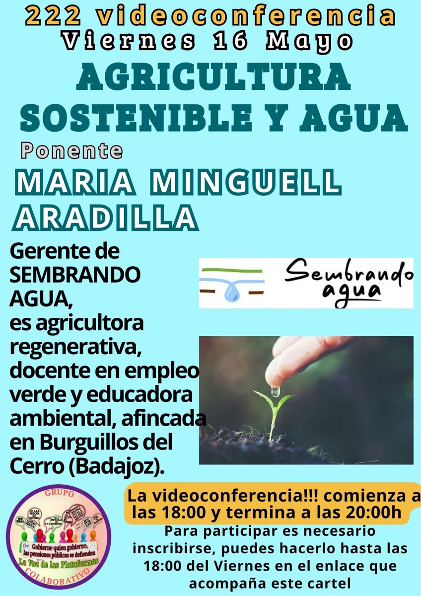 Marea Pensionista.Coordinadora Baix Llobregat Nord (@mareanord) on Twitter photo #VidaSaludable
#SembrandoAgua
*AGRICULTURA SOSTENIBLE Y AGUA*
Inscríbase en el enlace👇🏻👇🏻👇🏻👇🏻
*us02web.zoom.us/meeting/regist…*
Recibirá E-mail para unirse
<a href="/pensionazo_no/">G. C. LA VOZ de LAS PLATAFORMAS</a>
<a href="/PorLaUnidadPens/">@PorLaUnidadSocial</a>
<a href="/LaVozenIgualdad/">La Voz de las Plataformas por la igualdad.</a> #VidaSaludable
#SembrandoAgua
*AGRICULTURA SOSTENIBLE Y AGUA*
Inscríbase en el enlace👇🏻👇🏻👇🏻👇🏻
*us02web.zoom.us/meeting/regist…*
Recibirá E-mail para unirse
<a href="/pensionazo_no/">G. C. LA VOZ de LAS PLATAFORMAS</a>
<a href="/PorLaUnidadPens/">@PorLaUnidadSocial</a>
<a href="/LaVozenIgualdad/">La Voz de las Plataformas por la igualdad.</a>