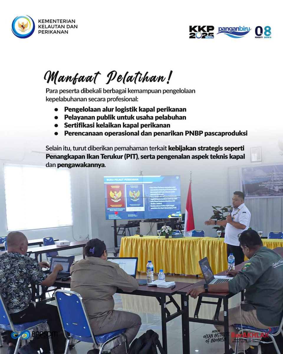 Pelatihan ini menggunakan pendekatan metode tatap muka langsung, disertai diskusi, praktik, dan evaluasi yg komprehensif, dengan materi pelatihan yg relevan dalam membangun sistem pelabuhan perikanan jadi lebih tangguh, produktif &amp; melayani nelayan dengan baik

#SDMKP #SDMUnggul