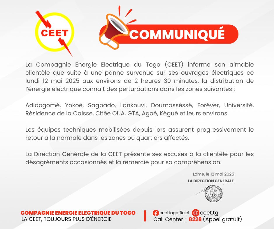 CeetTogOfficiel's tweet photo. 🔌 [COMMUNIQUÉ OFFICIEL]

La CEET informe son aimable clientèle qu’une panne survenue dans la nuit du 12 mai 2025 perturbe actuellement la distribution de l’électricité dans plusieurs quartiers de Lomé. 

1/ https://t.co/wJgxsKl1gY