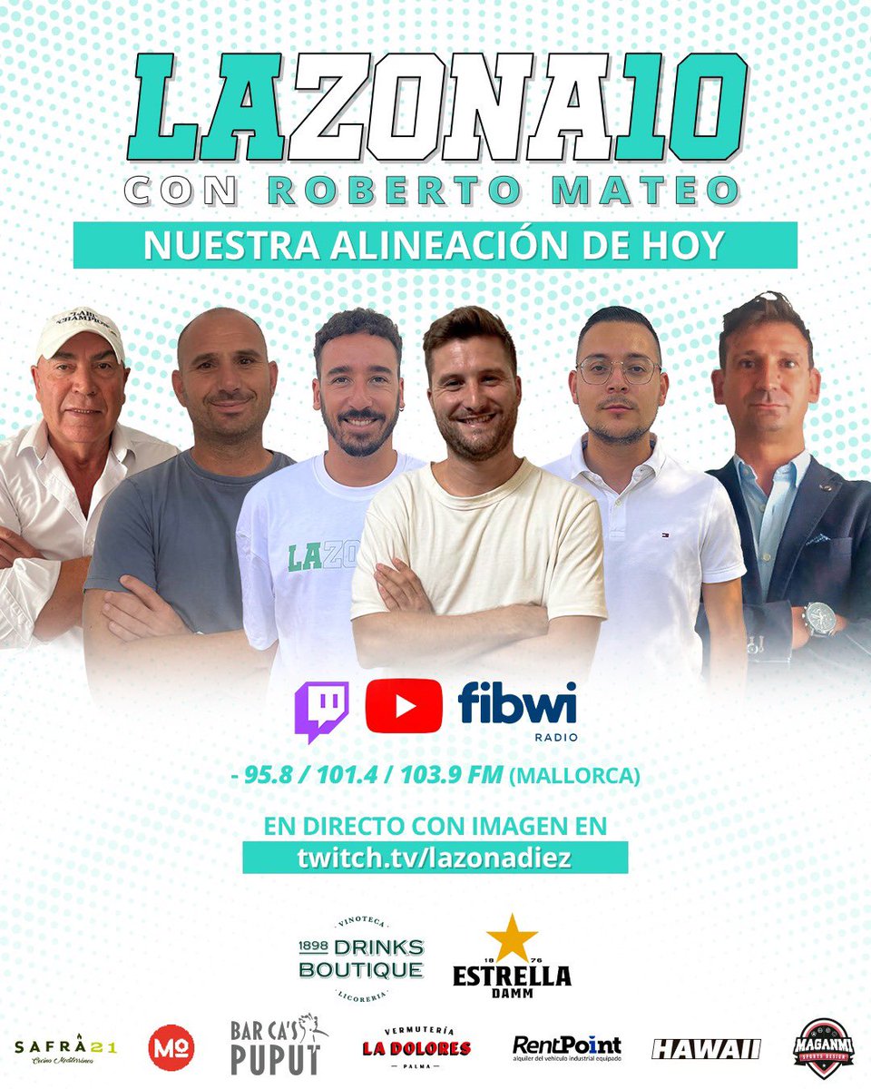 La Zona 10 (@lazonadiez) on Twitter photo 🔥 ¡𝐌𝐚𝐫𝐭𝐞𝐬 𝐡𝐚𝐬𝐭𝐚 𝐚𝐫𝐫𝐢𝐛𝐚 en #LZ10! 🔥
🔴 Última hora del <a href="/RCD_Mallorca/">RCD Mallorca</a>
🔝 Los 500 de Arrasate en el Bernabéu
🎙️ RDP de Arrasate EN DIRECTO desde Son Bibiloni con <a href="/JUANMISB97/">Juanmi Sánchez</a>
🔵 El rincón del <a href="/labichampion/">labi</a>
🔝 El análisis con <a href="/tatovik7/">Tato</a> & <a href="/AlfonPRuiz/">Alfon P. Ruiz</a>
⏰ 🔥 ¡𝐌𝐚𝐫𝐭𝐞𝐬 𝐡𝐚𝐬𝐭𝐚 𝐚𝐫𝐫𝐢𝐛𝐚 en #LZ10! 🔥
🔴 Última hora del <a href="/RCD_Mallorca/">RCD Mallorca</a>
🔝 Los 500 de Arrasate en el Bernabéu
🎙️ RDP de Arrasate EN DIRECTO desde Son Bibiloni con <a href="/JUANMISB97/">Juanmi Sánchez</a>
🔵 El rincón del <a href="/labichampion/">labi</a>
🔝 El análisis con <a href="/tatovik7/">Tato</a> & <a href="/AlfonPRuiz/">Alfon P. Ruiz</a>
⏰