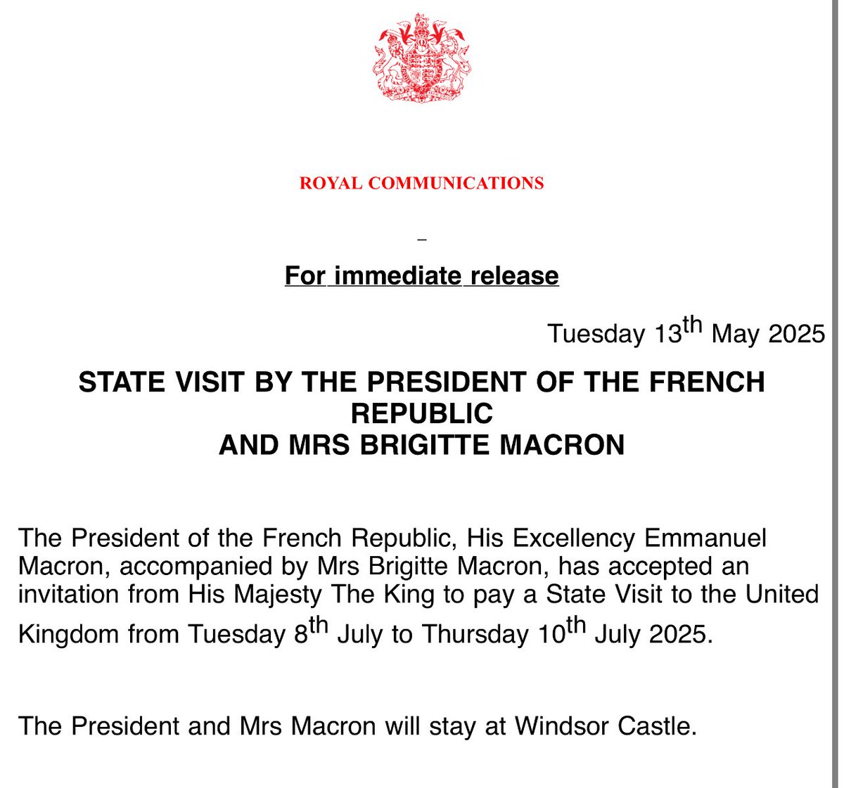 The King and Queen will host Macron and his wife at Windsor Castle in July ⬇️