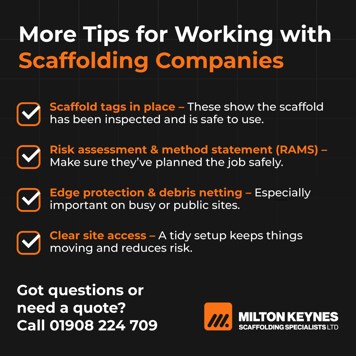 MKScaffolding's tweet photo. More Things to Check When Hiring a Scaffolding Company 🛠️

Already checked the quote, insurance and handover? Here are a few more things worth double-checking.
Got questions or need a quote? Call 01908 224 709
#Scaffolding #ConstructionUK #ProjectSafety #MiltonKeynesBusiness https://t.co/xvCE3BtX6h