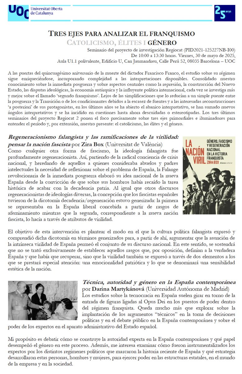 Próximo seminario #regiocat (<a href="/UOCartshum/">UOC Arts Humanitats</a>): "Tres ejes para analizar el franquismo: género" con <a href="/zira_box/">Zira Box</a> (<a href="/FacSocialsUVEG/">Fac. Socials – UVEG</a> &amp; <a href="/UV_EG/">Universitat València</a>) &amp; <a href="/DarinaMarty/">Darina Martykánová</a> (<a href="/Contemporan_UAM/">Historia Contemporánea | UAM</a>)   

🗓️ Viernes 30/V
✍️ jclaretmi@uoc.edu