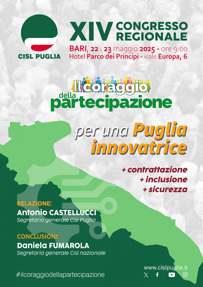 CislPuglia's tweet photo. 𝗫𝗜𝗩 𝗖𝗢𝗡𝗚𝗥𝗘𝗦𝗦𝗢 𝗖𝗜𝗦𝗟 𝗣𝗨𝗚𝗟𝗜𝗔 - 𝙋𝙚𝙧 𝙪𝙣𝙖 𝙋𝙪𝙜𝙡𝙞𝙖 𝙞𝙣𝙣𝙤𝙫𝙖𝙩𝙧𝙞𝙘𝙚
𝟮𝟮-𝟮𝟯 𝗺𝗮𝗴𝗴𝗶𝗼 𝟮𝟬𝟮𝟱 𝗵 𝟵:𝟬𝟬
#ilcoraggiodellapartecipazione https://t.co/jO59H6qGmv