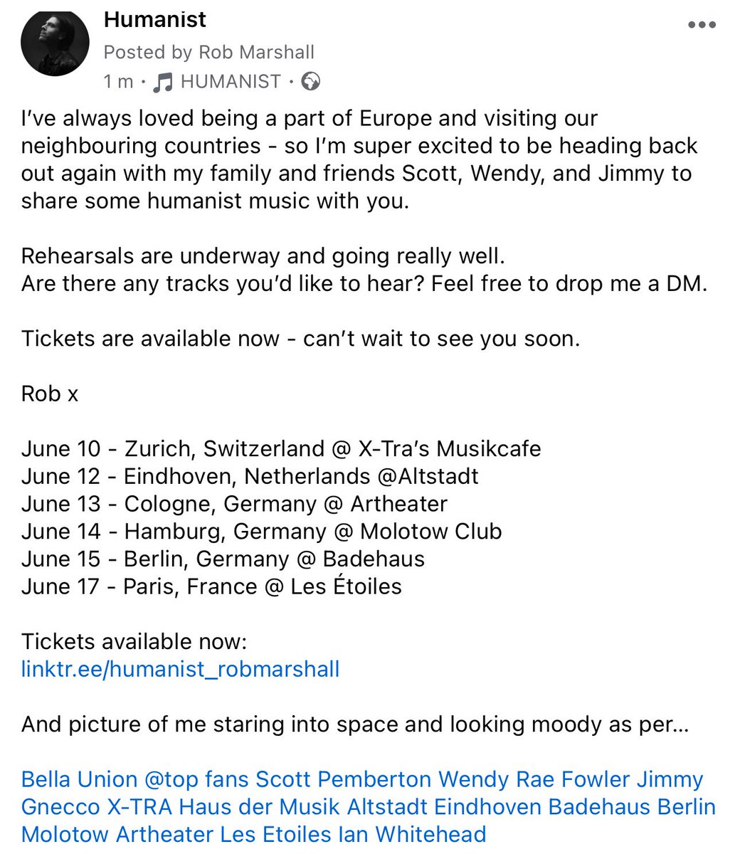 Rehearsals are underway and going really well.
Are there any tracks you’d like to hear? Feel free to drop me a DM.

Tickets are available now - can’t wait to see you soon #Europe <a href="/ArtheaterKoeln/">Artheater Köln</a>  <a href="/molotowclub/">Molotow</a> #berlin #zurich

Rob x

Tickets available now:
linktr.ee/humanist_robma…