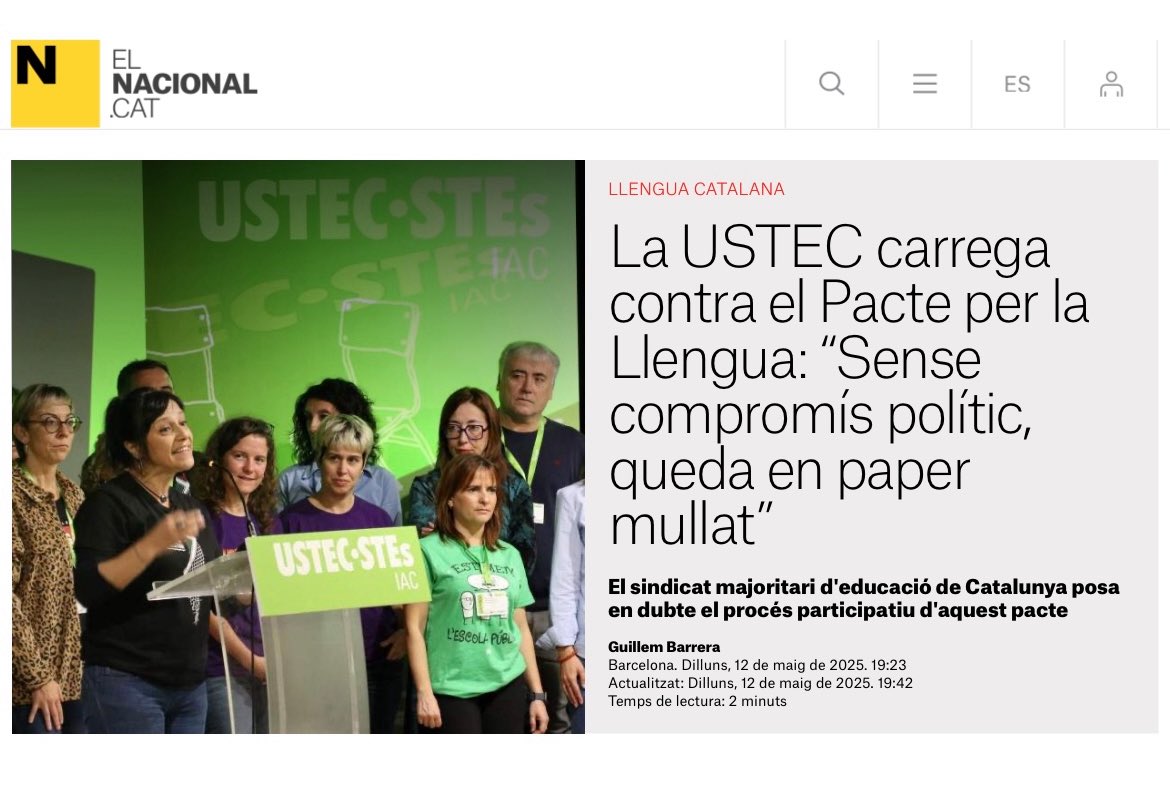 Més enllà dels partits polítics, com es pot signar un Pacte “Nacional” per la Llengua sense comptar amb la participació del sindicat majoritari d'educació del país? 

elnacional.cat/ca/politica/us…