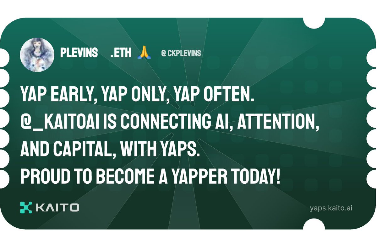 ckplevins's tweet photo. Yap early, yap only, yap often.

@KaitoAI is connecting AI, attention and capital with Yaps.

Just claimed my social card and I'm accumulating Yap points in real-time.

Claim yours 👉 https://t.co/7ZnTiQFzRR https://t.co/fTOegw2arC