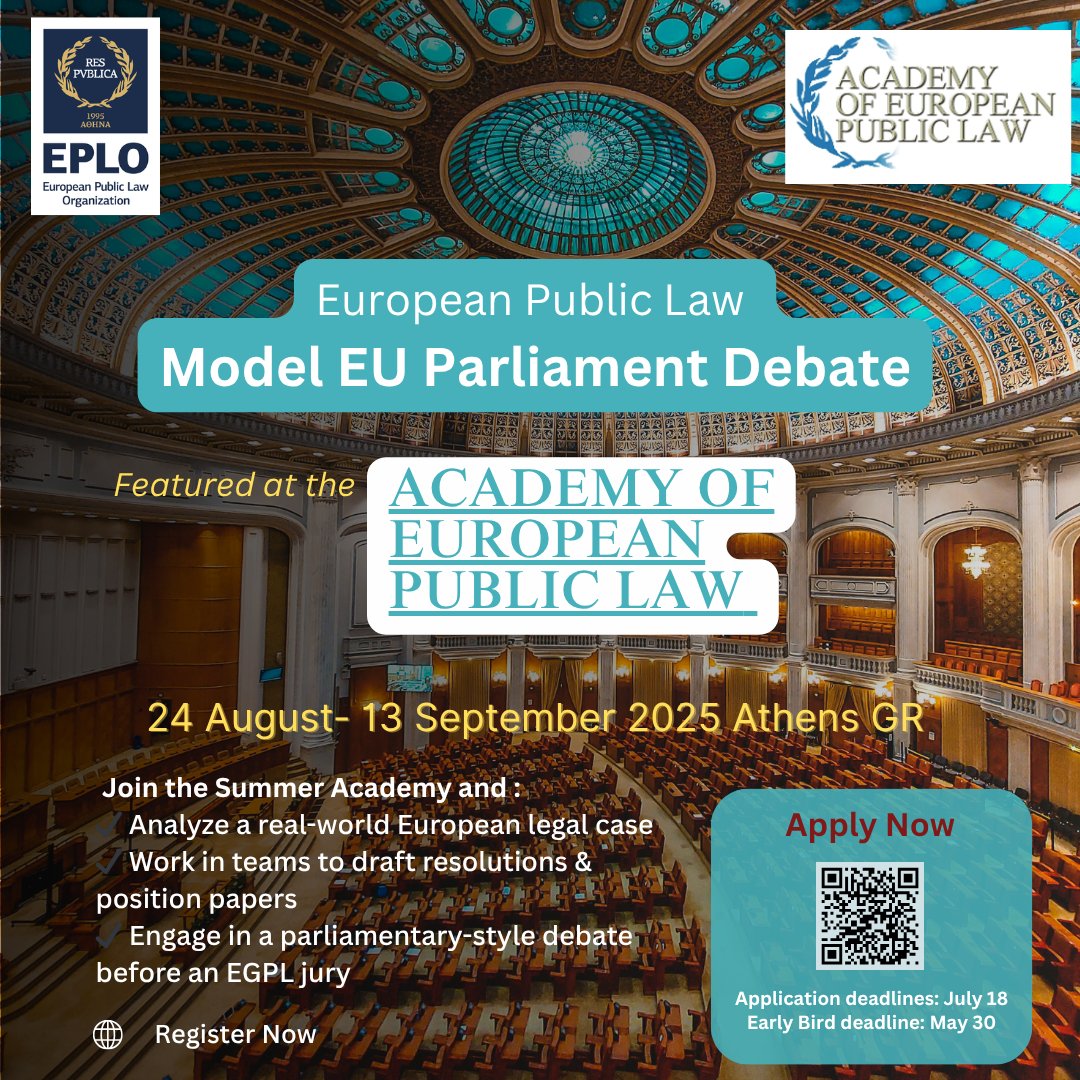 ⏳The clock is ticking —Apply by May 30 for the Academy of European Public Law in GR
This year with an exciting new feature: the Model EU Parliament Debate —  participants analyze legal cases, draft resolutions live before a jury of experts.
 🔗eploacademy.eu/online-applica…
#AEPL2025