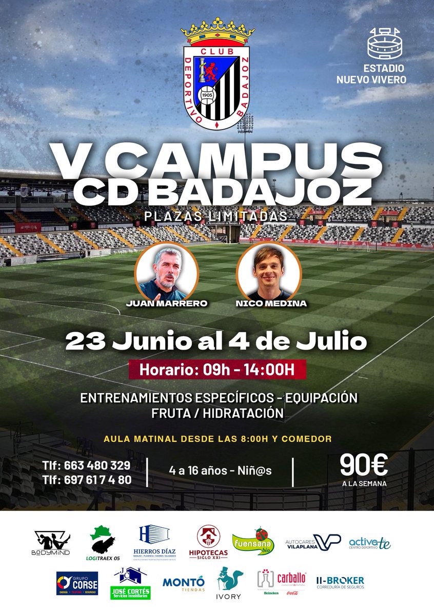 🏆 𝐕 𝐂𝐀𝐌𝐏𝐔𝐒 𝐂𝐃 𝐁𝐀𝐃𝐀𝐉𝐎𝐙
🗓️ 23 de junio al 4 de julio

☑️ Ya está abierto el plazo de inscripción para el Campus de Verano del CD Badajoz con la colaboración este año de Juan Marrero

⚽️ Una gran oportunidad para que nuestros chicos disfruten del fútbol, aprendan y
