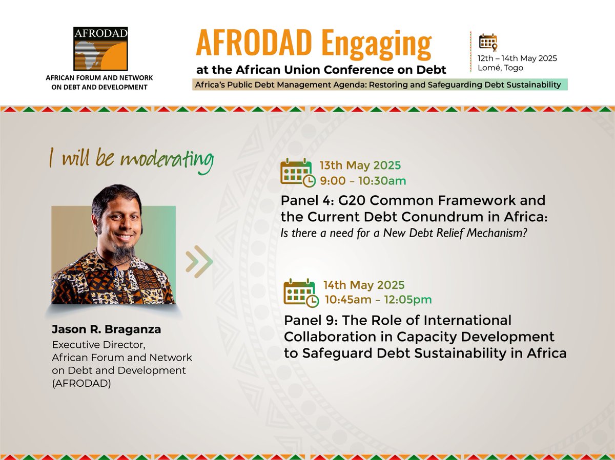 🚨 AFRODAD is at the African Union Conference on Debt in Lomé, Togo, engaging in crucial discussions on sustainable solutions to Africa's debt crisis. Our focus includes ⤵️

1️⃣Discussing the need for a new debt relief mechanism beyond the G20 Common Framework which has failed to