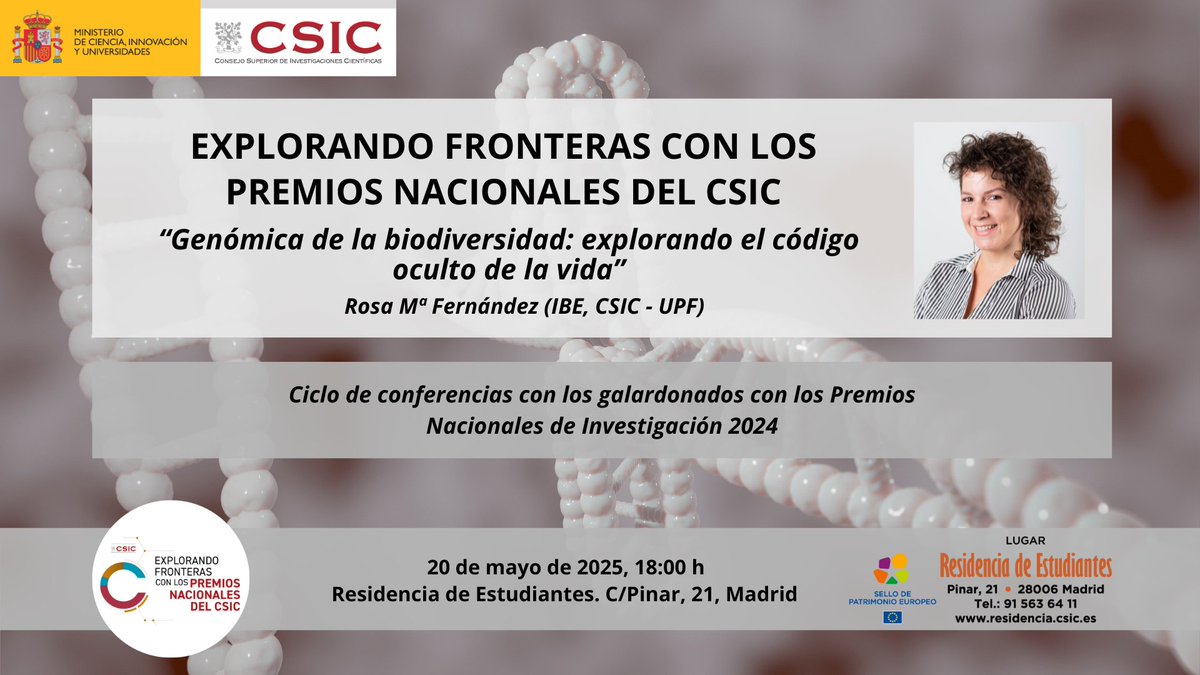 Nueva conferencia del ciclo #ExplorandoFronteras con los #PremiosNacionales del <a href="/CSIC/">CSIC</a>.
🟣“Genómica de la #biodiversidad: explorando el código oculto de la vida”. 
🟣Rosa Mª Fernández (<a href="/IBE_Barcelona/">Institute of Evolutionary Biology (IBE)</a>)
🖊️encuestas.csic.es/index.php/1964…
ℹ️tinyurl.com/3ay87tkx