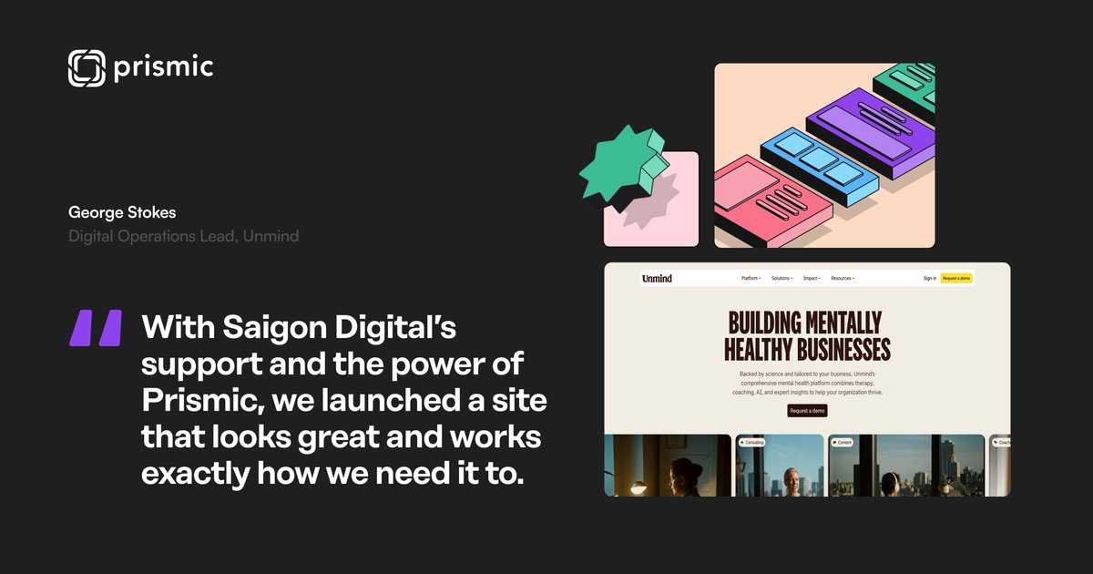 prismicio's tweet photo. 🚀 Unmind replatformed to Prismic with @SaigonDigital — and the results speak for themselves:

✅ Page launches cut from 3–5 days to under 24h
✅ Landing page output tripled in one quarter
✅ Lighthouse score jumped from 54 to 95+

See how they did it 👉 https://t.co/Z16IFb8RcD https://t.co/83gGscot5i