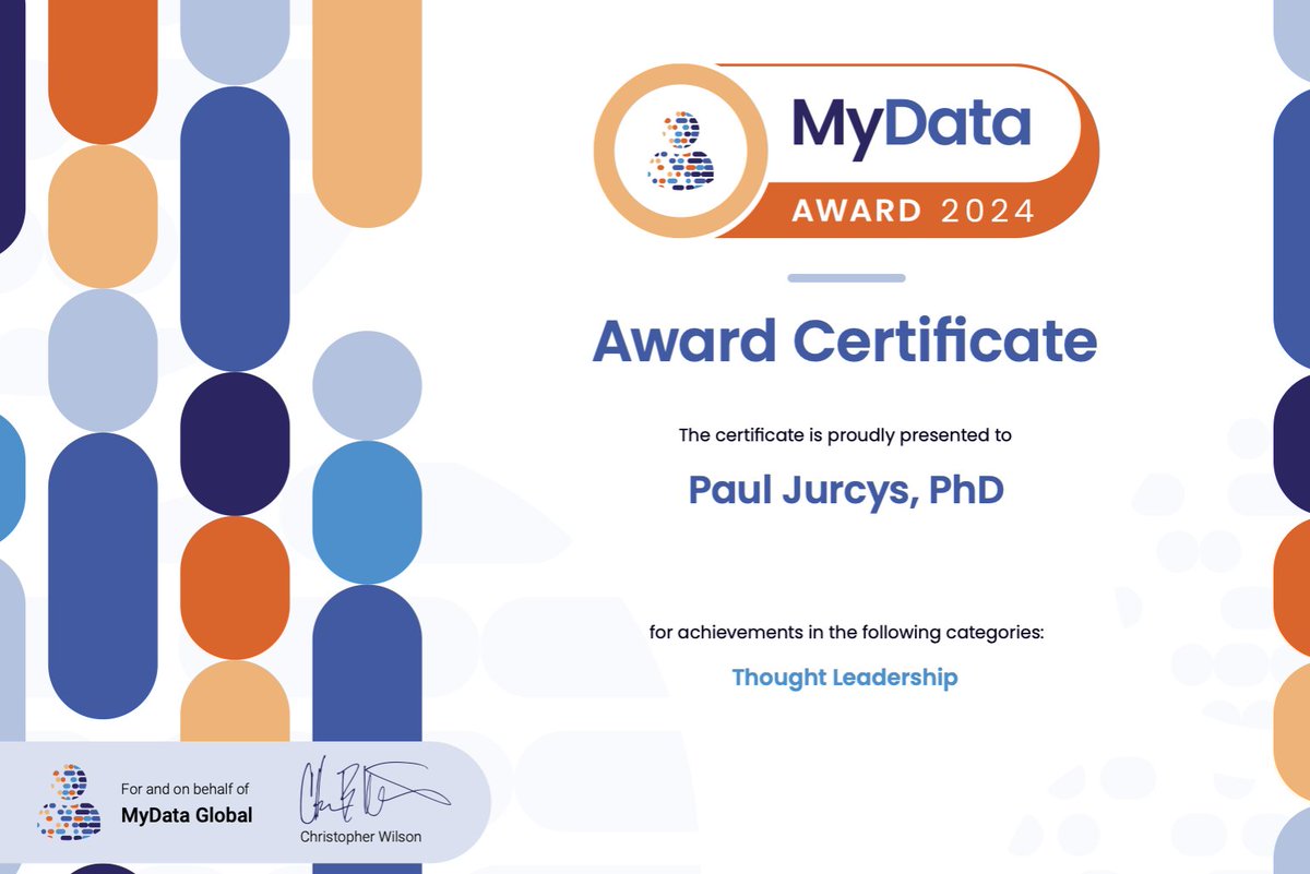 ✨ Honored, humbled &amp; delighted to share that I’ve been awarded the 2025 <a href="/mydataorg/">MyData.org</a> “Thought Leadership” prize for work in data protection and personal privacy.

🙏 Thanks to everyone who nominated me, and to all co-authors and reviewers who shaped these ideas.