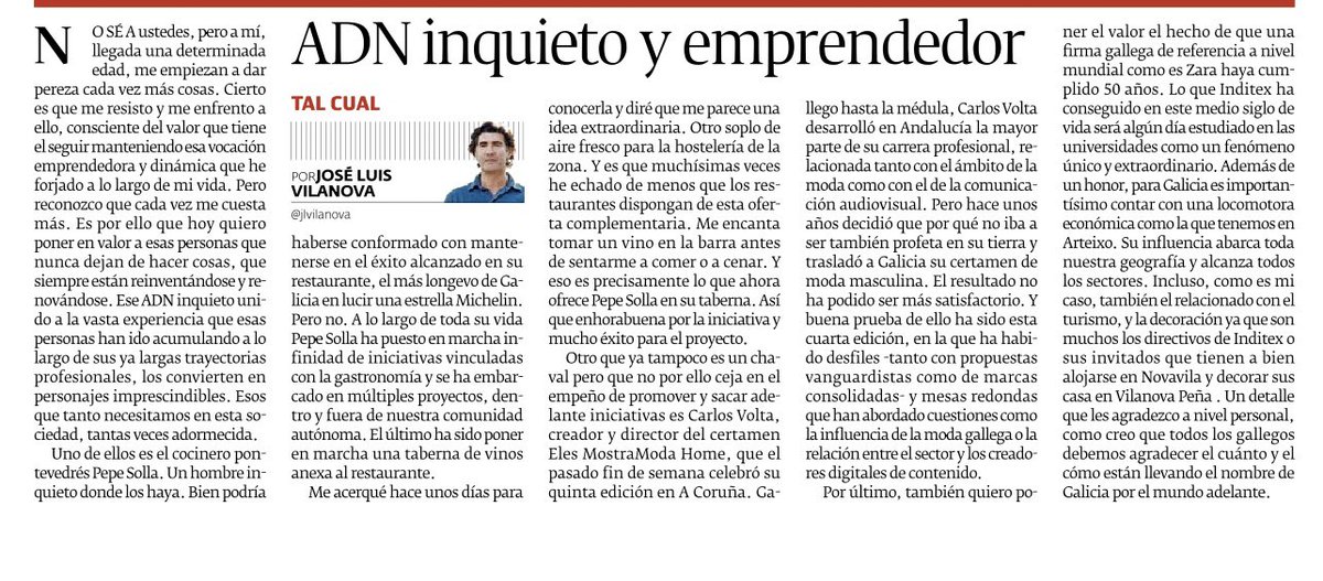 Mi articulo de hoy en <a href="/Diario_Pontev/">Diario de Pontevedra</a> <a href="/PepeSolla/">Pepe Solla</a>  <a href="/InditexSpain/">Inditex España</a> <a href="/ZARA/">ZARA</a> <a href="/DesingWine/">Novavila Design Wine Hotel</a> <a href="/noticiasgal/">www.noticiasgalicia.com</a>