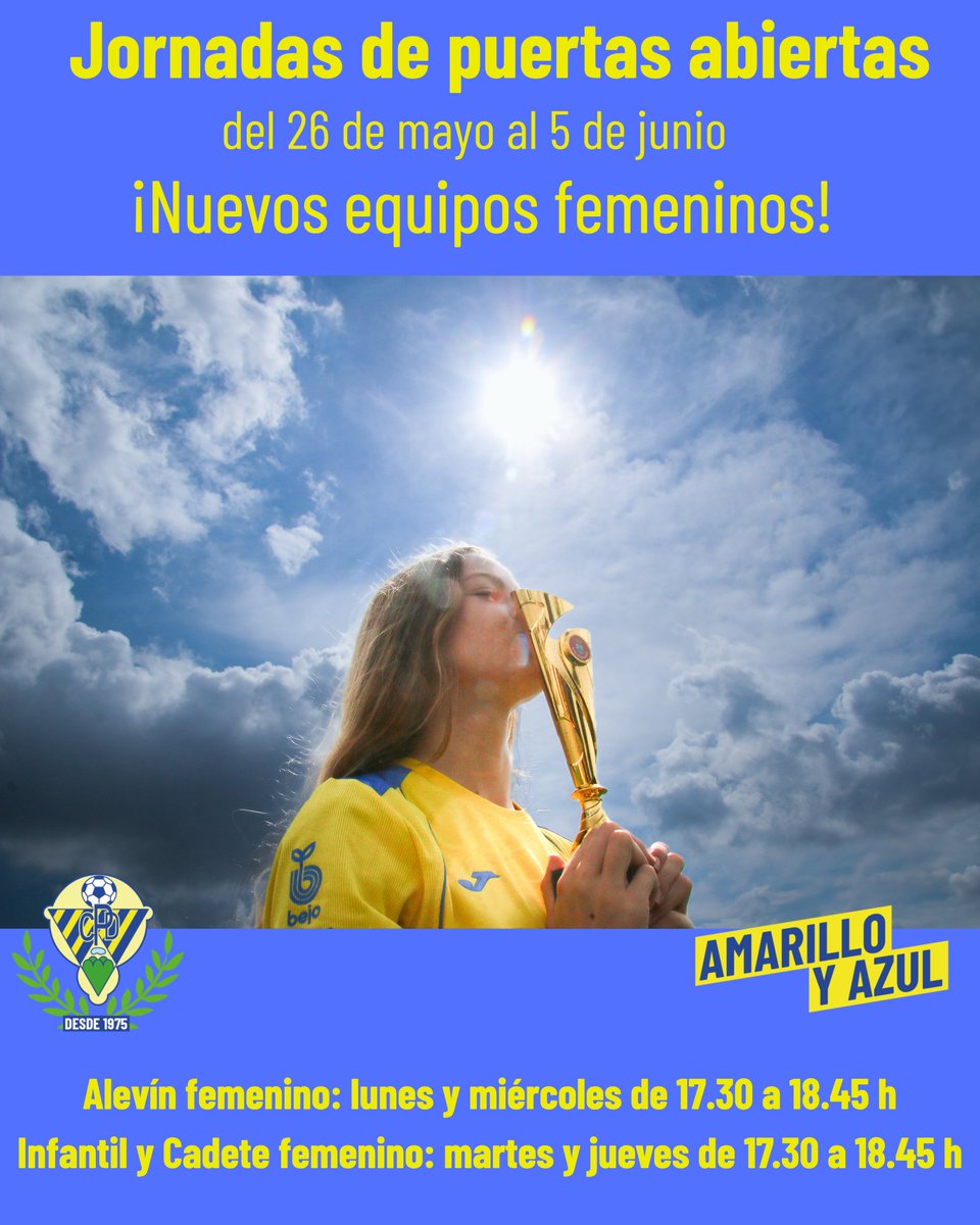 Jornadas de puertas abiertas que se llevarán a cabo del 26 de mayo al 5 de junio. 

🗓️ Alevín femenino: lunes y miércoles de 17.30 a 18.45 h
🗓️ Infantil y Cadete femenino: martes y jueves de 17.30 a 18.45 
 
📲 660 070 210
🌍 cdpedrezuela.es

#amarilloyazul💛💙