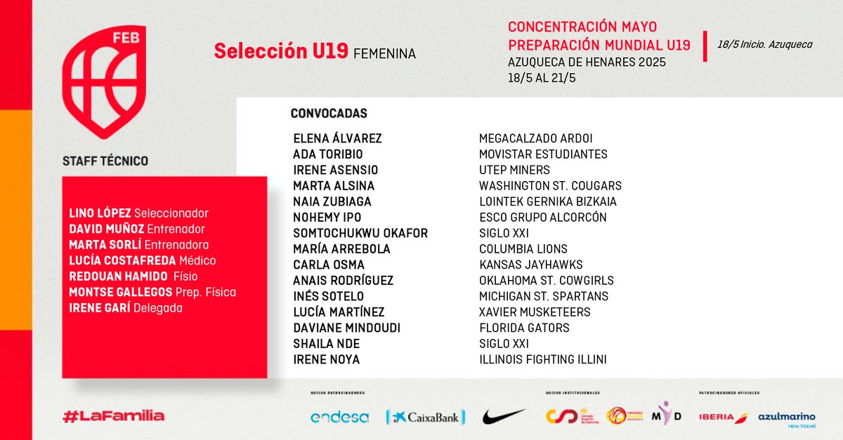 🚨 OFICIAL | 1⃣5⃣ jugadoras convocadas para la concentración de mayo de la #U19F 🇪🇸

📆 18 al 21 mayo
📌 Azuqueca de Henares

#SomosEquipo
