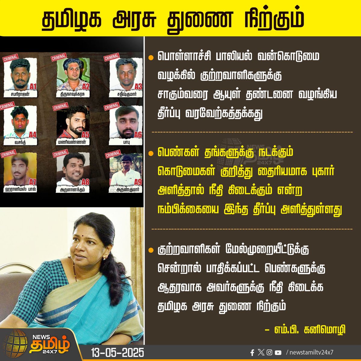 NewsTamilTV24x7's tweet photo. #NewsUpdate | தமிழக அரசு துணை நிற்கும்
#kanimozhimp #dmk #tngovt #pollachicase #judgement #Pollachi #PollachiCaseupdate #PollachiCaseNews #Judgement #pollachinews #TamilNews #NewsTamil #NewsTamil24x7 https://t.co/DWxUmT3hcg